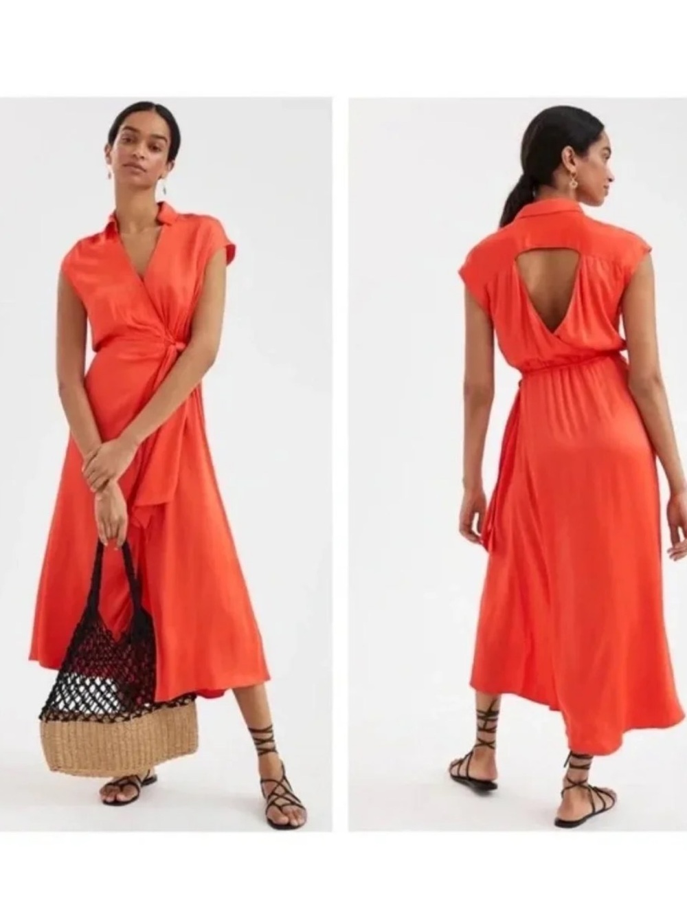 Anthropologie Maeve Orange Wrap Open Back Midi Dress